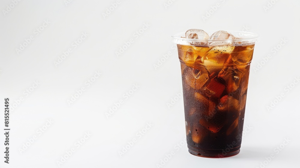 Iced coffee served in a plastic cup against a white isolated backdrop Iced coffee served in a plastic cup against a white isolated backdrop