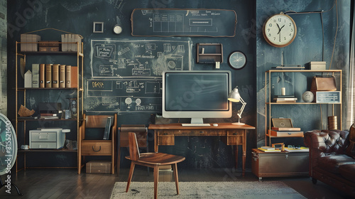 Creative living room with chalkboard wall wooden desk and vintage furniture : Generative AI