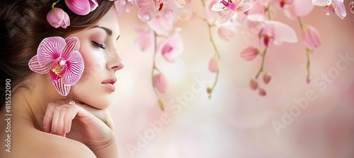 Elegant woman adorned with orchids in hair on soft background with space for text