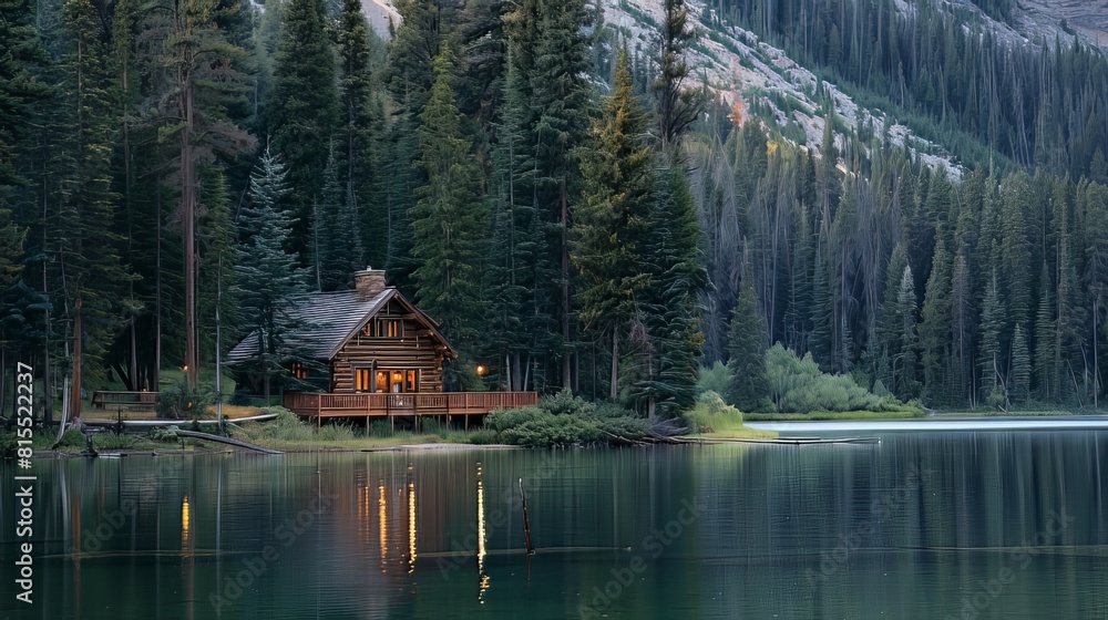 Fototapeta premium Mountain Cabin: Nestled in the mountains, you sit on the porch of a cozy cabin, surrounded by towering pine trees and overlooking a tranquil lake below, the perfect escape from the hustle and bustle o