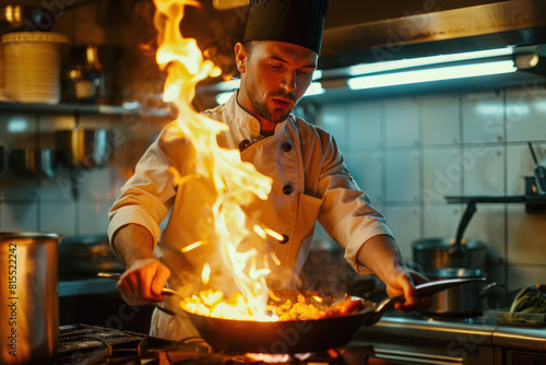 Professional chef doing flambe on food in frying pan with fire