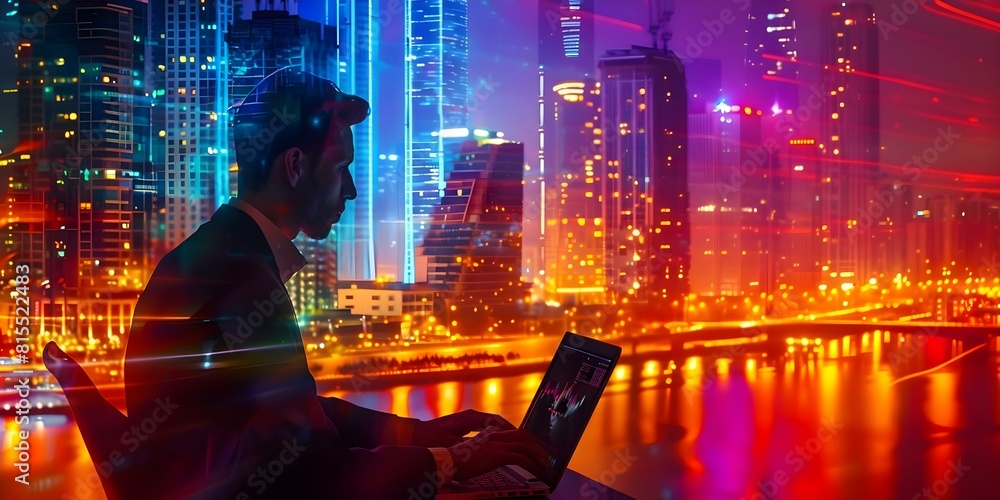 Experienced real estate agent with laptop in front of city skyline for high-stakes property deals. Concept Real Estate Agent, Laptop, City Skyline, High-Stakes Deals, Property Market, Experienced real estate agent with laptop in front of city skyline for high-stakes property deals. Concept Real Estate Agent, Laptop, City Skyline, High-Stakes Deals, Property Market,