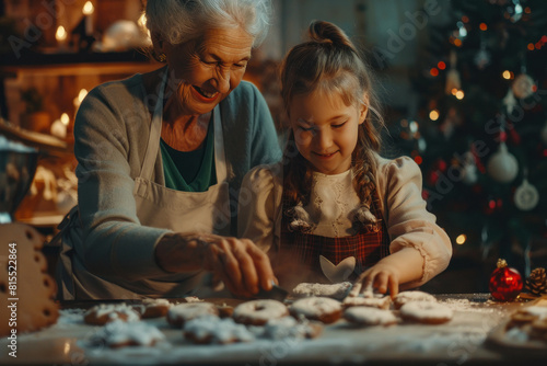 Smiling grandmother and her cute granddaughter cooking homemade cookies together at home