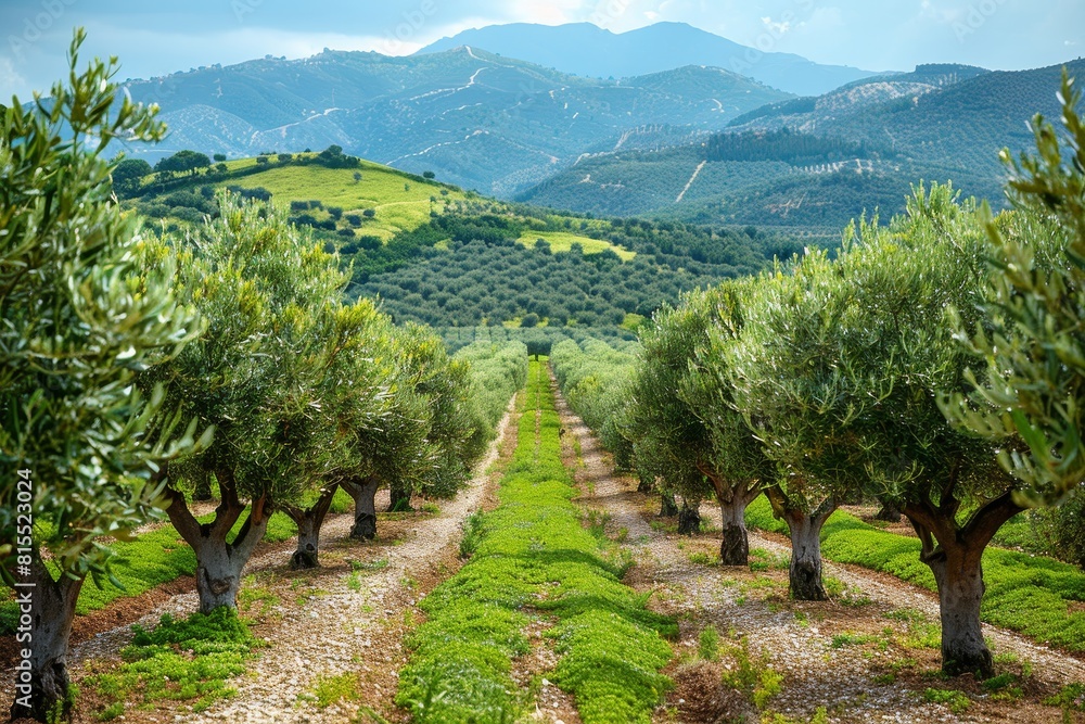 Fototapeta premium Olive Tree Grove: Rows of olive trees with silver-green leaves. 