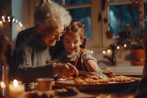 Smiling grandmother and her cute granddaughter cooking homemade cookies together at home