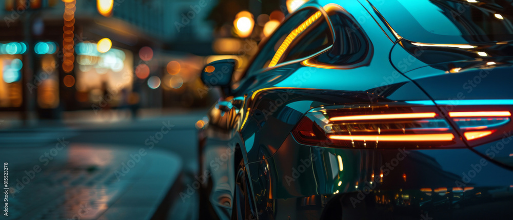 A blue car parked next to a building with visible lights, featuring luxurious interiors in a color palette of dark green and light amber. A blue car parked next to a building with visible lights, featuring luxurious interiors in a color palette of dark green and light amber.