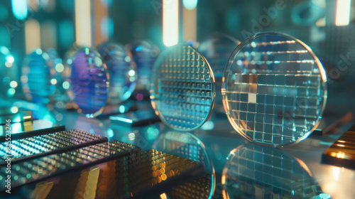Various semiconductors that produce different colors in a close-up view, grid-based in style with a palette of light cyan and blue.