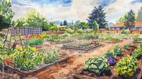 Watercolor Painting of a Flourishing Community Garden