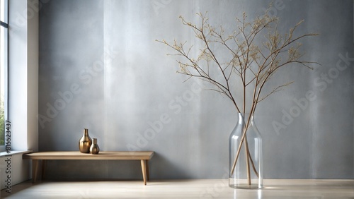 minimalist Branch in glass vase against concrete wall with copy space. Home interior background of living room.