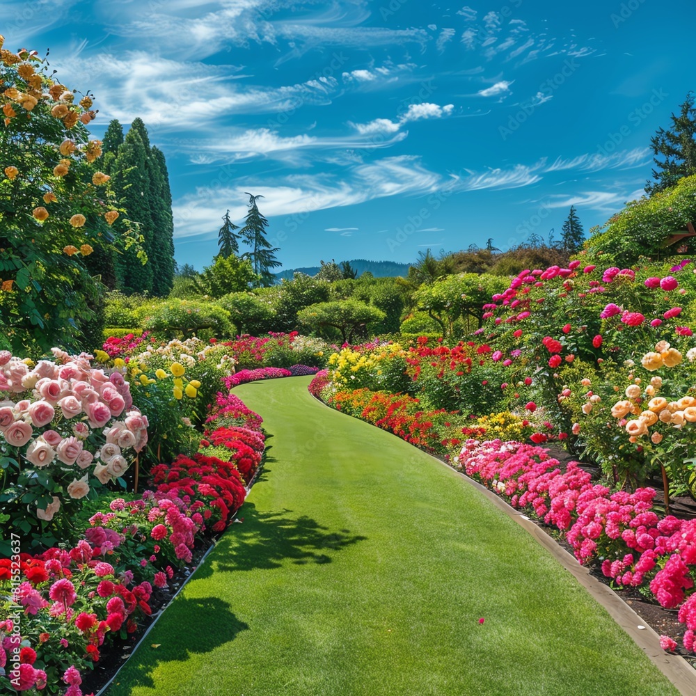 Vast rose garden in full bloom, vibrant colors, manicured pathways, sunny day