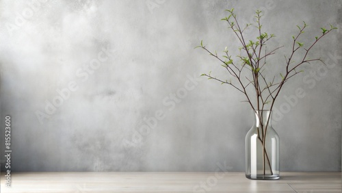 minimalist Branch in glass vase against concrete wall with copy space. Home interior background of living room.