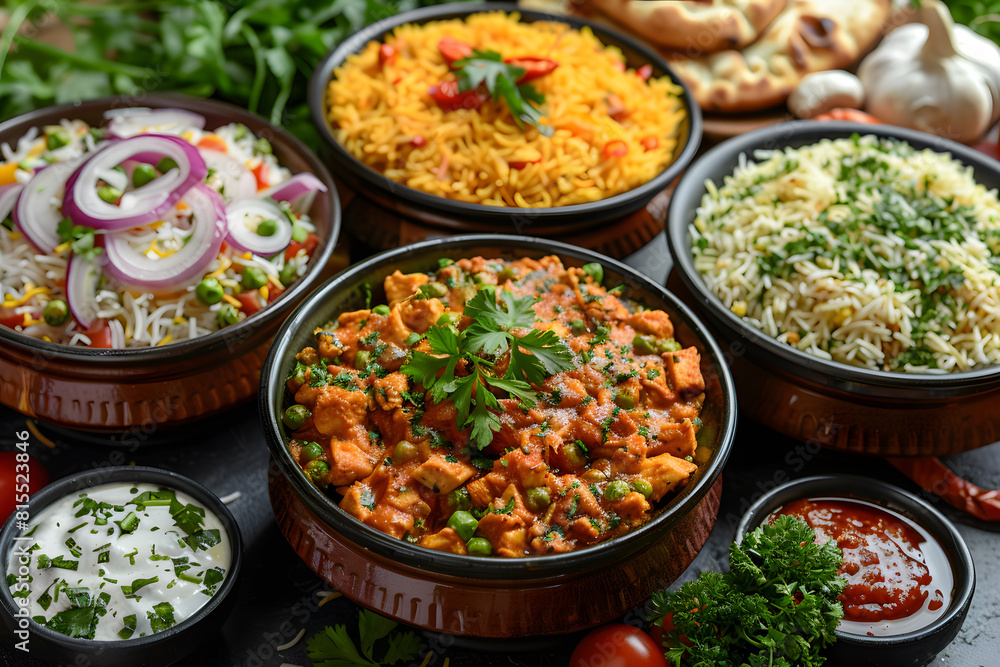 Desi Indian traditional dining set top view of Pizza, hummus, biryani, chicken currii, moomos, tikka, Qorma, samosa High quality photo Desi Indian traditional dining set top view of Pizza, hummus, biryani, chicken currii, moomos, tikka, Qorma, samosa High quality photo