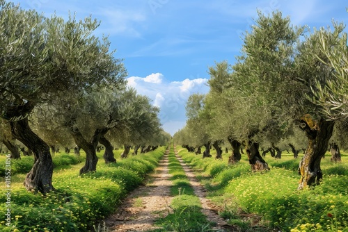 Olive Tree Grove  Rows of olive trees with silver-green leaves. 