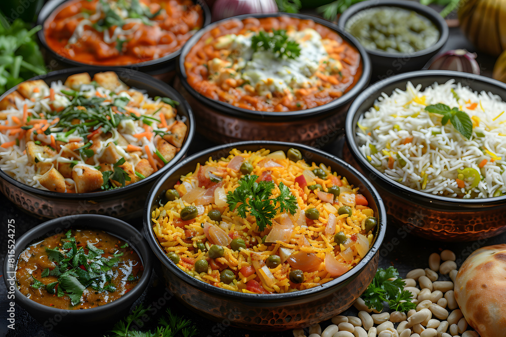 Desi Indian traditional dining set top view of Pizza, hummus, biryani, chicken currii, moomos, tikka, Qorma, samosa High quality photo Desi Indian traditional dining set top view of Pizza, hummus, biryani, chicken currii, moomos, tikka, Qorma, samosa High quality photo
