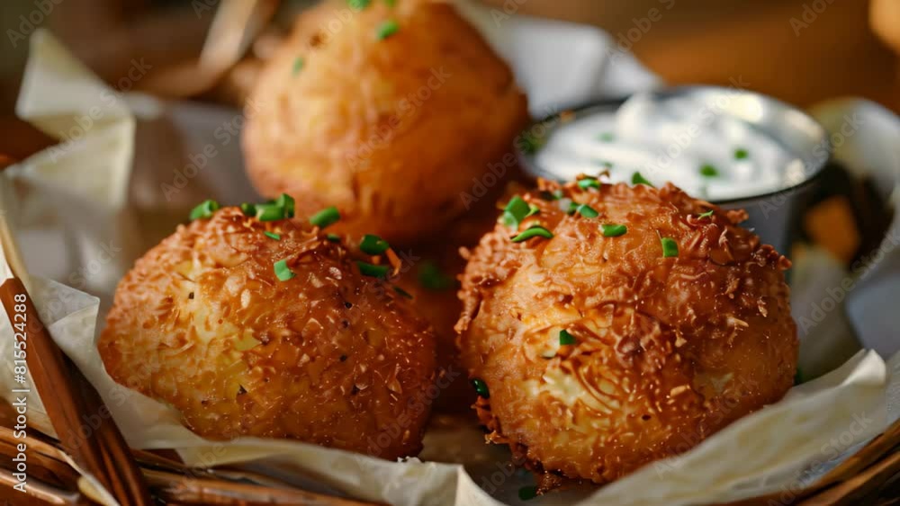 A basket filled with three golden brown fried food items, A basket of golden brown hush puppies served with tartar sauce A basket filled with three golden brown fried food items, A basket of golden brown hush puppies served with tartar sauce