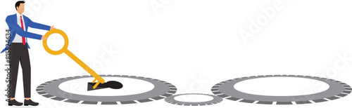 Key solution for running business projects, strategy or way to run a successful business, unlock the potential for success, smart businessman opens control center of cogwheel gear using big golden key