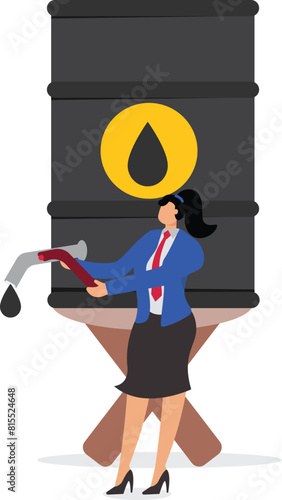 Global crude oil shortage, the amount of crude oil reserves is getting smaller, world oil crisis concept, sad businesswoman leaning on a dead crude oil tap from an empty barrel