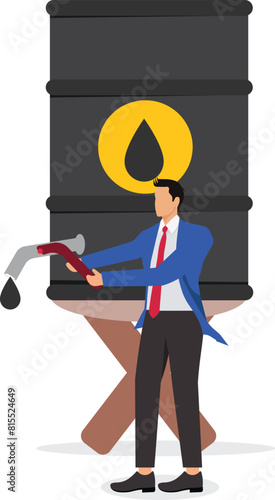 Global crude oil shortage, the amount of crude oil reserves is getting smaller, world oil crisis concept, sad businessman leaning on a dead crude oil tap from an empty barrel