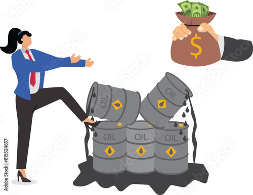 Crude oil investment transactions, global petroleum buying and selling, buy crude oil stocks to make a profit, smart businesswoman haggling over the price of crude oil in barrels to exchange for dolla