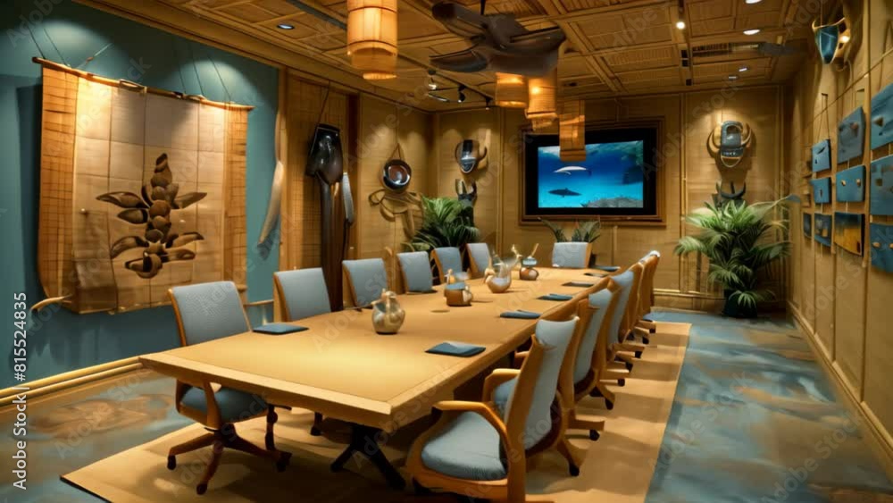 A conference room featuring a spacious wooden table surrounded by chairs, A beach-themed conference room with sand-colored walls and nautical accents A conference room featuring a spacious wooden table surrounded by chairs, A beach-themed conference room with sand-colored walls and nautical accents