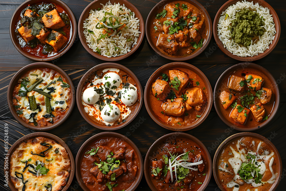 Desi Indian traditional dining set top view of Pizza, hummus, biryani, chicken currii, moomos, tikka, Qorma, samosa High quality photo Desi Indian traditional dining set top view of Pizza, hummus, biryani, chicken currii, moomos, tikka, Qorma, samosa High quality photo