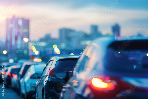 Traffic jam with blurred cityscape during twilight