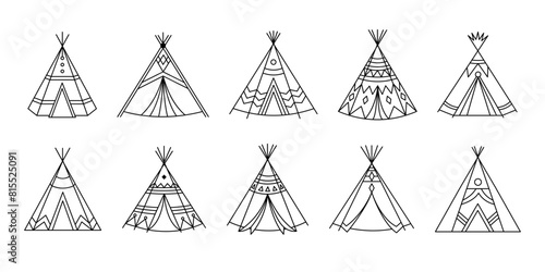 Set of Indian wigwam. Teepee collection in doodle style. Vector outline illustration isolated on white background. 
