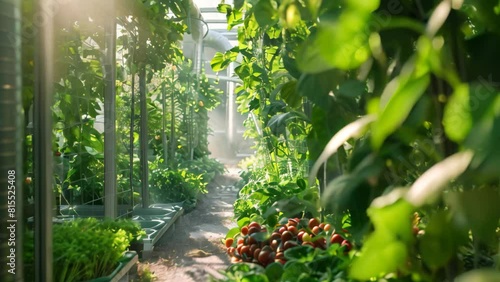 An abundant garden with numerous green plants flourishing under sunlight, A bio-engineered garden filled with genetically modified plants photo