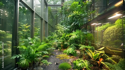 Room overflowing with various green plants, creating a vibrant and fresh atmosphere, A bio-engineered garden filled with genetically modified plants photo