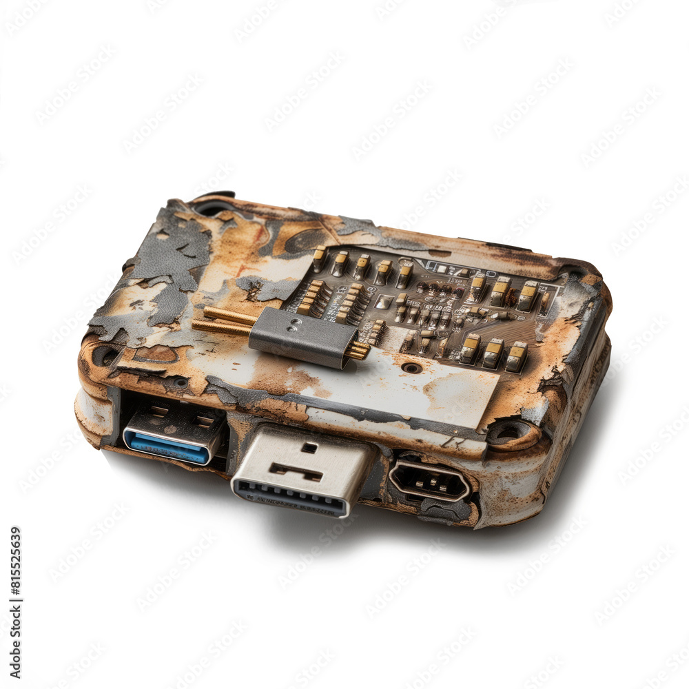 Dysfunctional USB hub with signs of wear, illustrating electronic waste on transparent background Dysfunctional USB hub with signs of wear, illustrating electronic waste on transparent background