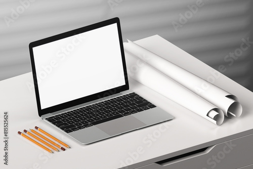 Mockup of laptop screen device. Website presentation. Office workspace concept.