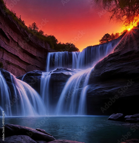 Fantasy landscape with waterfall at sunset © Olga Khoroshunova