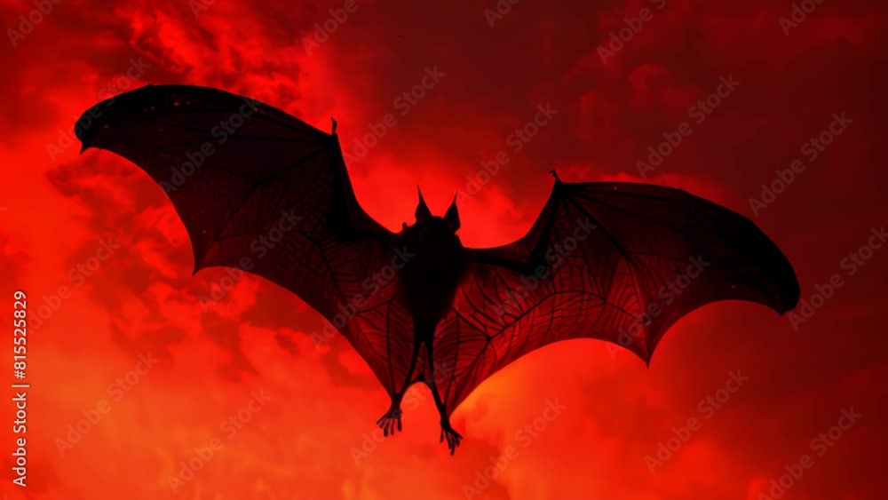 A black bat flying through a cloudy sky, A black bat silhouetted against a blood-red sky A black bat flying through a cloudy sky, A black bat silhouetted against a blood-red sky
