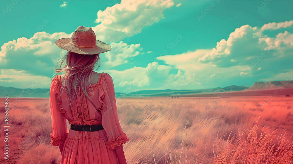 Obraz premium Duotone image of woman in hat walking through country field