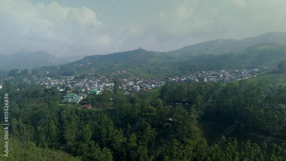 Areal view of small townships in the middle of tea plantation and forest hillside munnar town kerala india Areal view of small townships in the middle of tea plantation and forest hillside munnar town kerala india