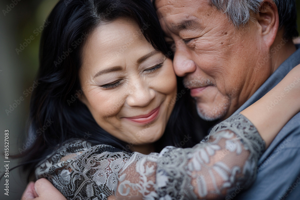 A tender hug between an Asian couple A tender hug between an Asian couple