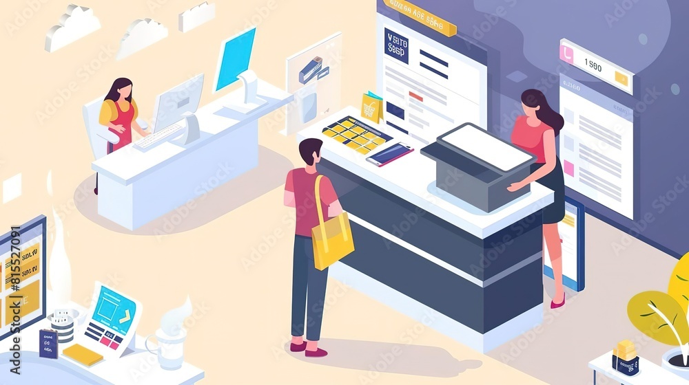 A customer is standing in a store, looking at a product. A store clerk is standing behind the counter, talking to another customer. There is a cash register on the counter. A customer is standing in a store, looking at a product. A store clerk is standing behind the counter, talking to another customer. There is a cash register on the counter.