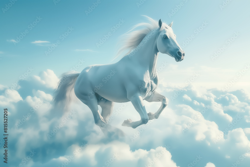 Beautiful white horse running over the cloud on blue sky background. Beautiful white horse running over the cloud on blue sky background.