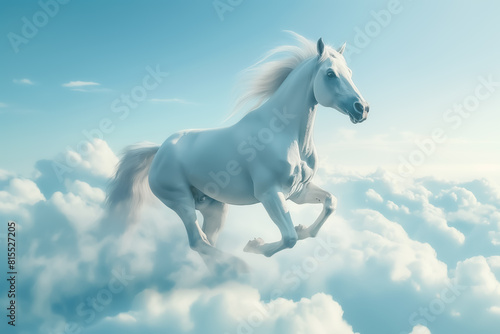 Beautiful white horse running over the cloud on blue sky background.
