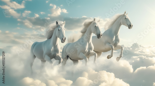 Beautiful white horses running over the cloud on blue sky background.