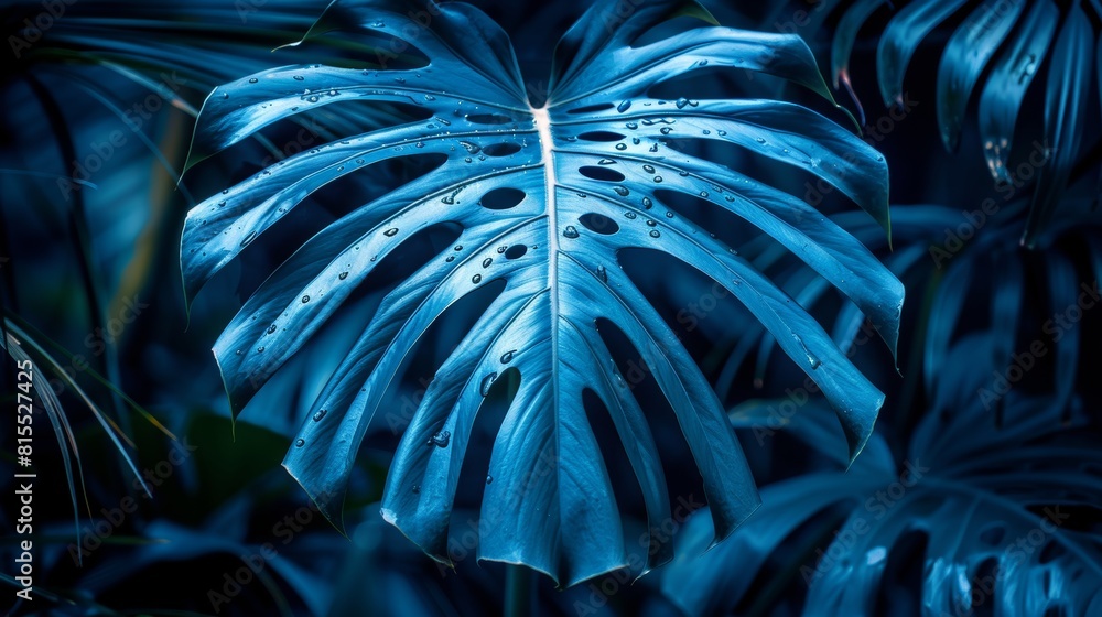 Obraz premium Fresh monstera green leaf with water droplets on dark backdrop, nature background