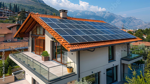 Concept of renewable energy: Solar panels installed on a rooftop of house in the mountains