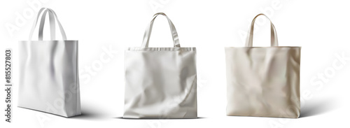 Mockup of tote bags in various shapes and handle lengths. Realistic 3D vector set of white cloth canvas eco shoppers. Blank fabric cotton or linen reusable grocery handbags, ideal for custom designs. photo