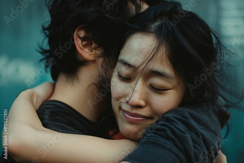 An Asian couple sharing a comforting hug eyes closed
