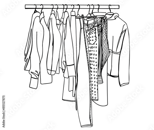 Hand drawn wardrobe sketch. Clothes on the hangers