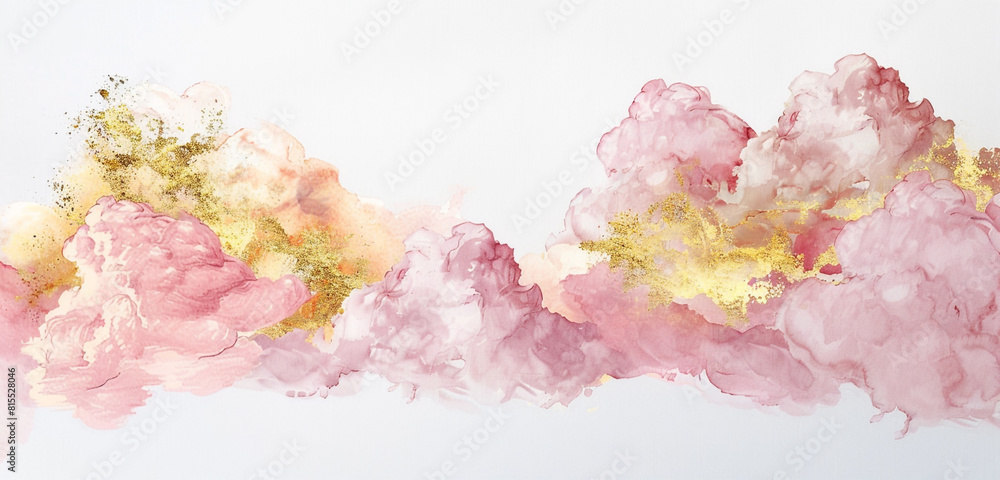 Dreamy blush & gold watercolor clouds on panoramic white canvas.