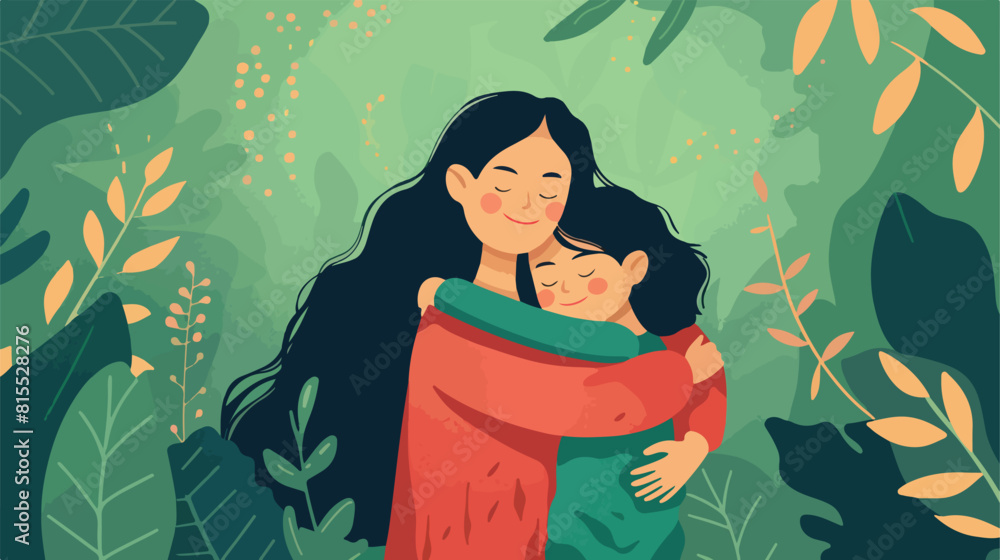 Mature woman hugging her young daughter on green background