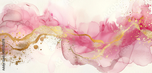 Fototapeta Naklejka Na Ścianę i Meble -  Soft pink & gold watercolor splashes with ivory elegance on wide white base.