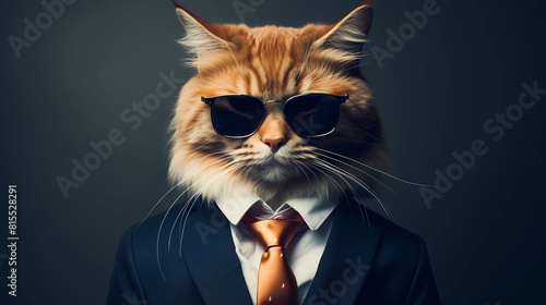 A cat wearing sunglasses and a suit with a tie. 
