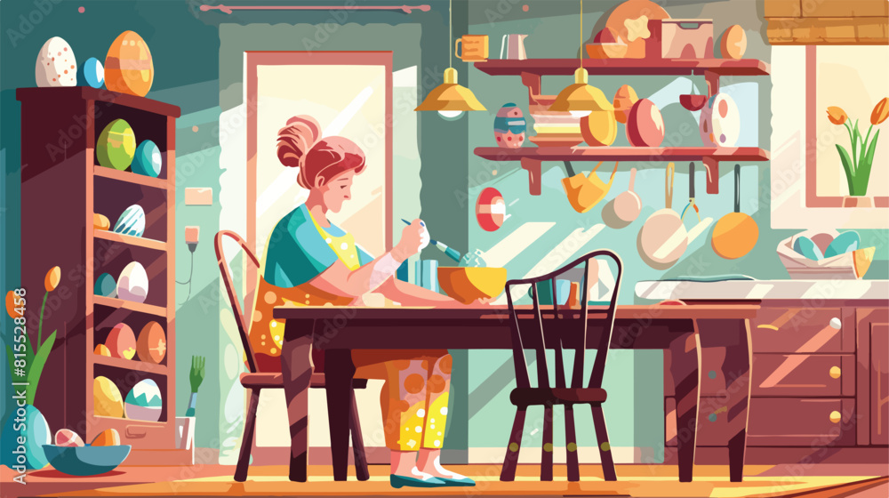 Mature woman painting Easter eggs at home Vector style